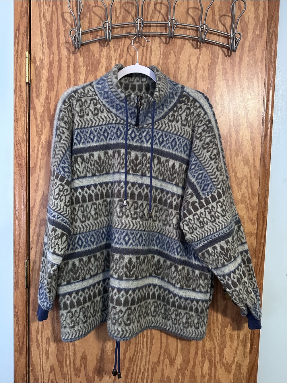 Men’s Vintage French Country Express Aztec Fleece Pullover Drawcord Hem Size L